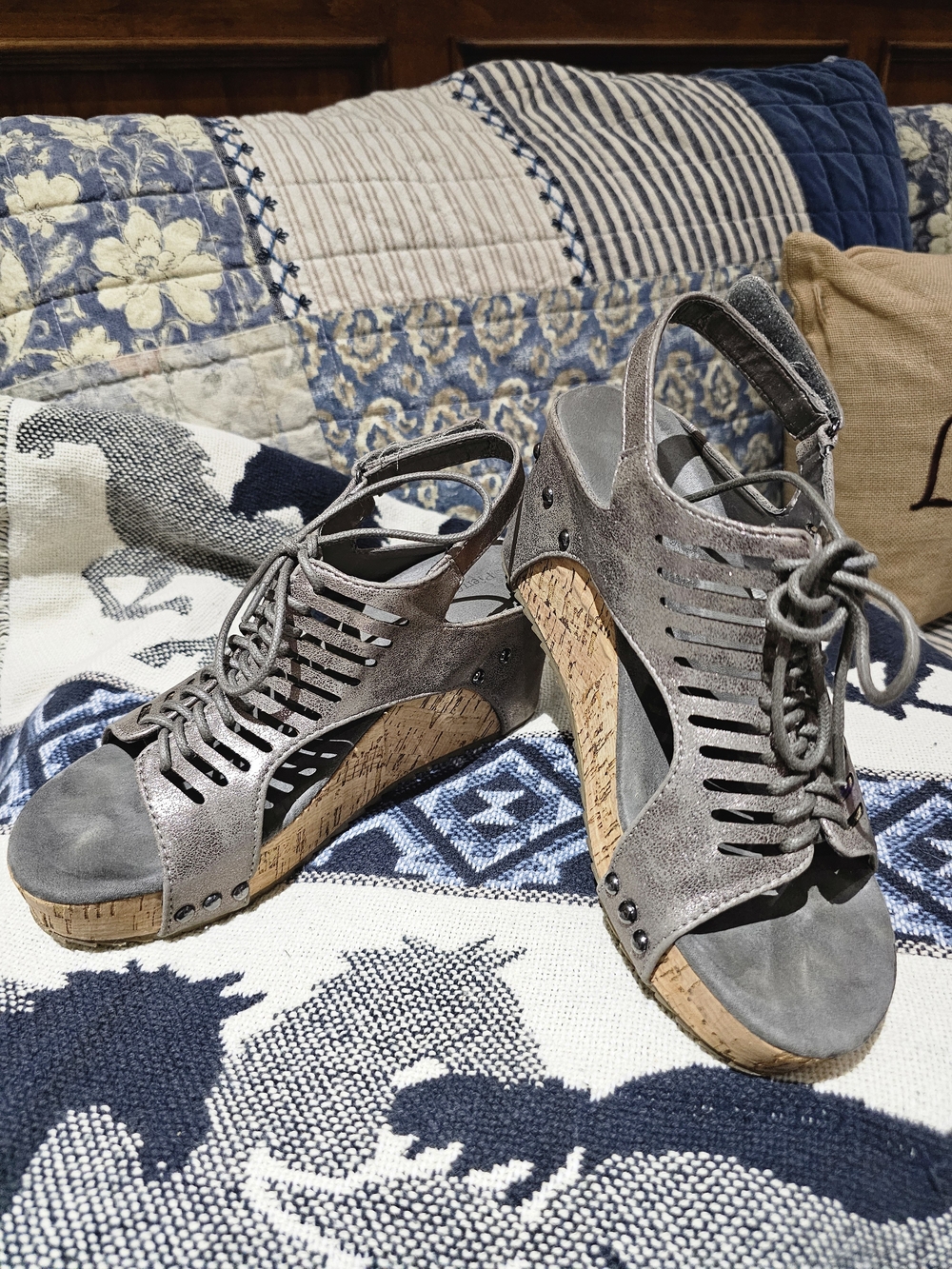 Pierre Dumas Gray Metallic Cork Cutout Lace-up Wedge Sandals